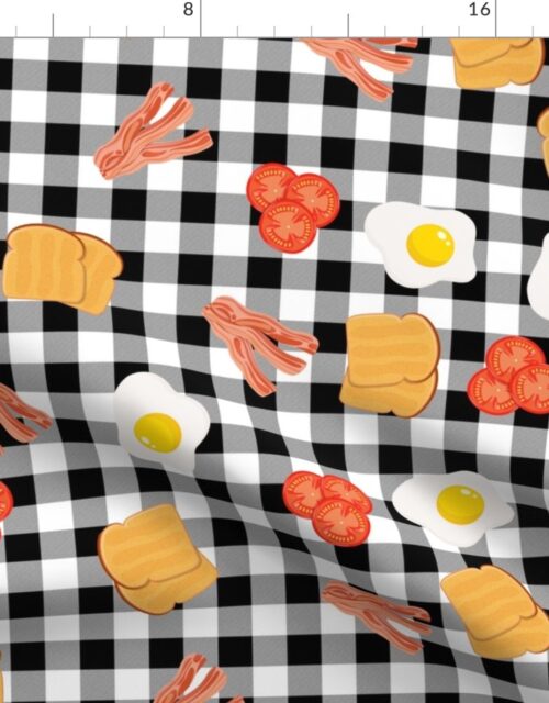 English Cooked Breakfast Bacon, Eggs, Tomato and Toast on Black Gingham Check Fabric