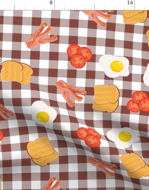 English Cooked Breakfast Bacon, Eggs, Tomato and Toast on Brown Gingham Check Fabric