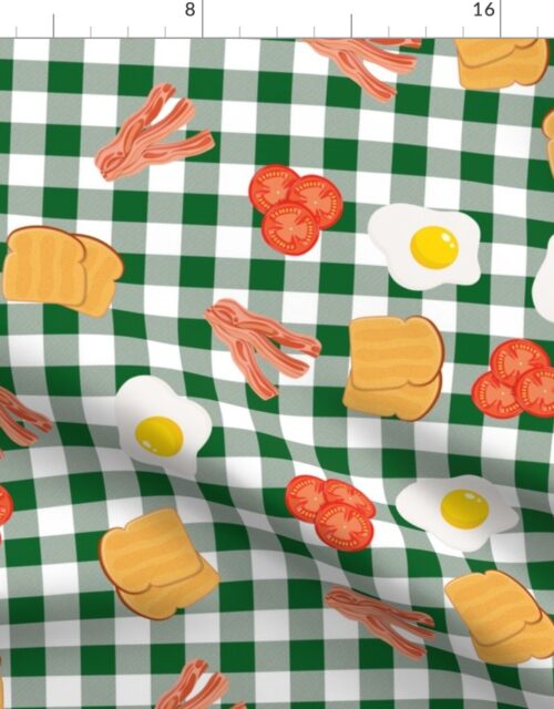 English Cooked Breakfast Bacon, Eggs, Tomato and Toast on Dark Green Gingham Check Fabric