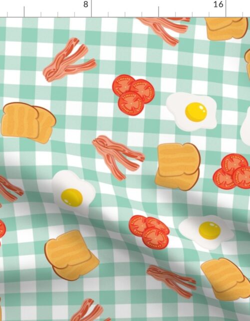 English Cooked Breakfast Bacon, Eggs, Tomato and Toast on Green Gingham Check Fabric
