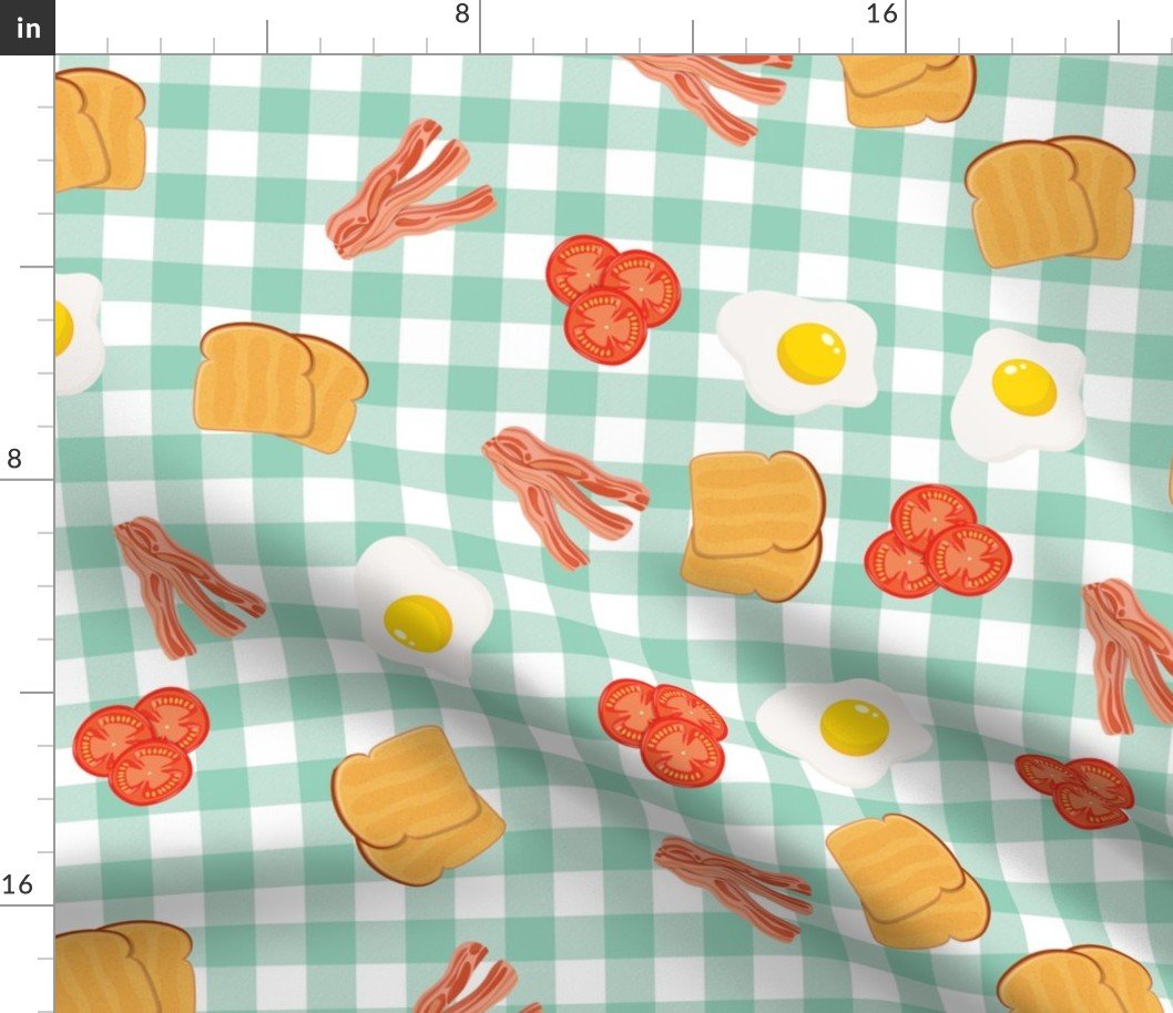 English Cooked Breakfast Bacon, Eggs, Tomato and Toast on Green Gingham Check Fabric