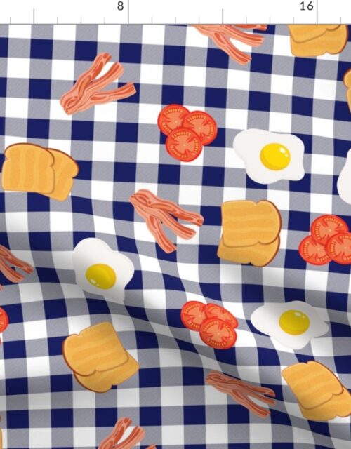 English Cooked Breakfast Bacon, Eggs, Tomato and Toast on Navy Gingham Check Fabric
