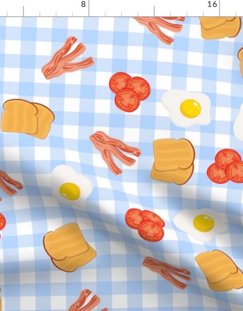 English Cooked Breakfast Bacon, Eggs, Tomato and Toast on Pale Blue Gingham Check Fabric
