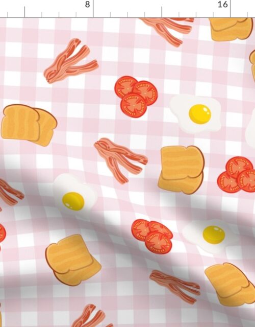 English Cooked Breakfast Bacon, Eggs, Tomato and Toast on Pale Pink Gingham Check Fabric