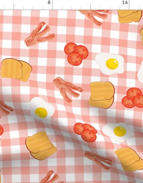 English Cooked Breakfast Bacon, Eggs, Tomato and Toast on Peach Gingham Check Fabric