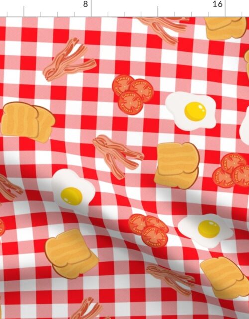 English Cooked Breakfast Bacon, Eggs, Tomato and Toast on Red Gingham Check Fabric