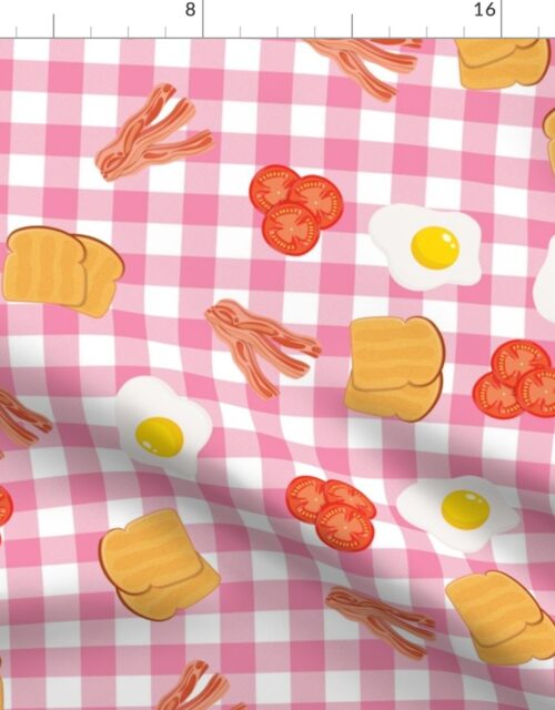 English Cooked Breakfast Bacon, Eggs, Tomato and Toast on Rose Gingham Check Fabric