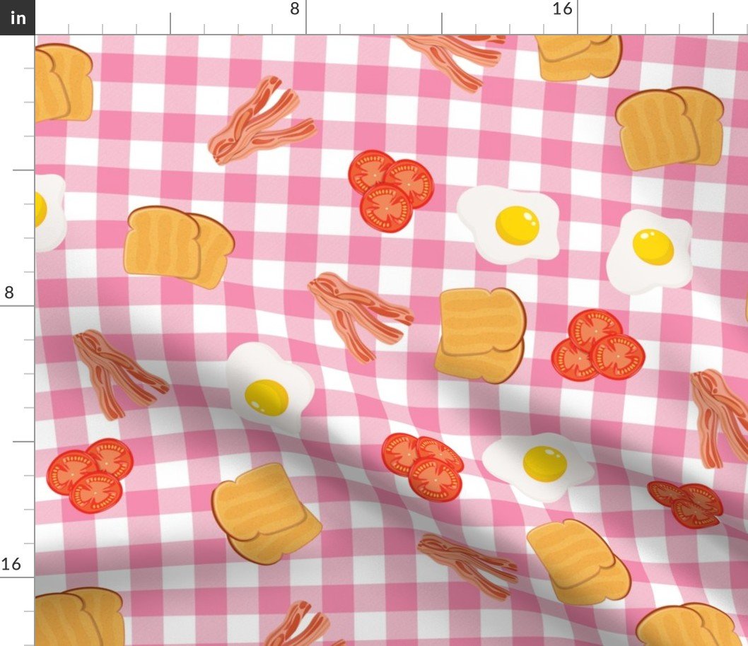 English Cooked Breakfast Bacon, Eggs, Tomato and Toast on Rose Gingham Check Fabric