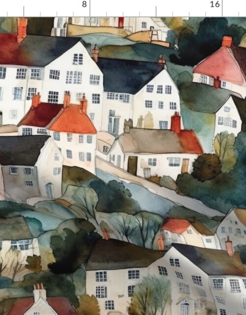 English Village Houses in Watercolor Fabric
