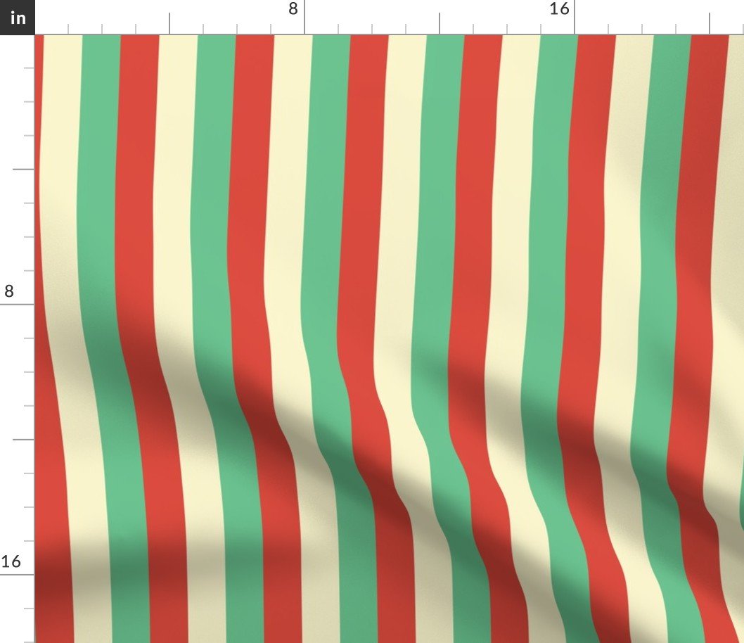 Equal 1 Inch Red Vermillion, Green and Yellow Gold Vintage Christmas Stripe Fabric