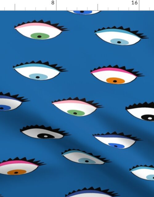 Evil Eyes Multi-Colored  on Mid Blue Fabric