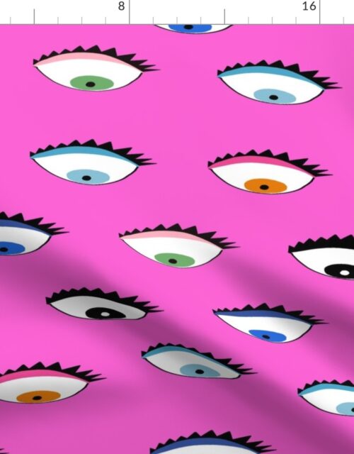 Evil Eyes Multi Colored on Hot Pink Fabric