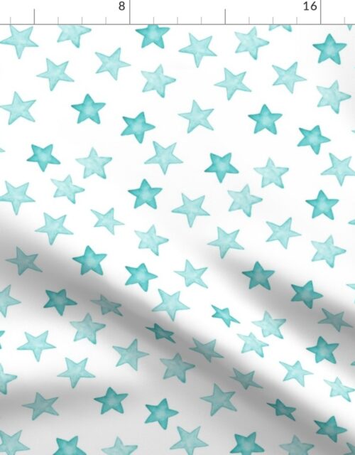 Faded Aqua Christmas Stars on White Fabric