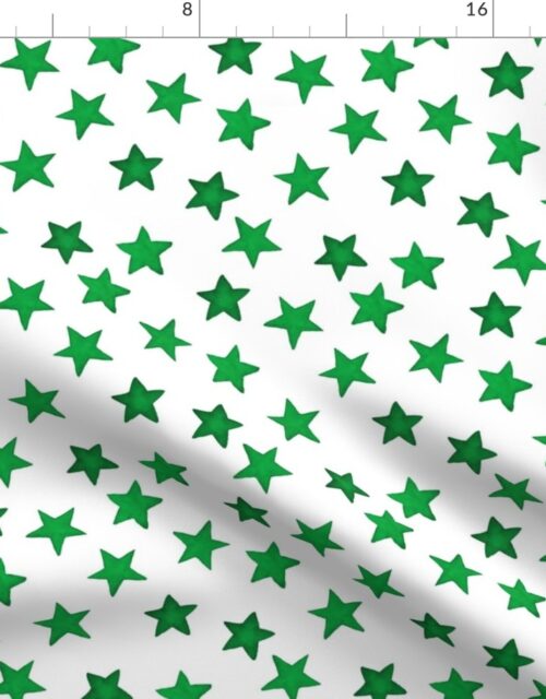 Faded Green Christmas Stars on White Fabric