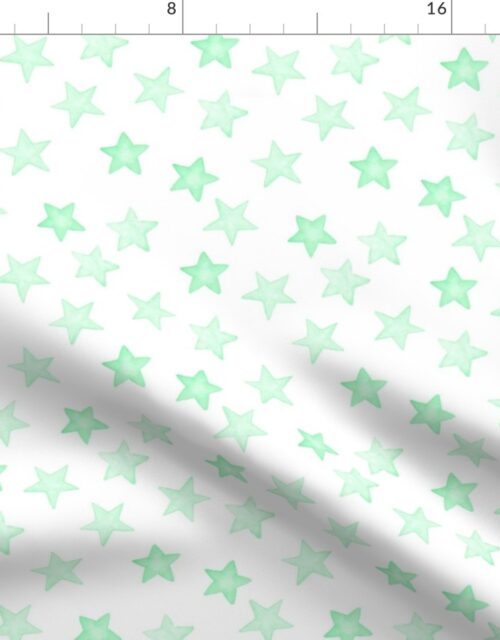 Faded Mint Christmas Stars on White Fabric