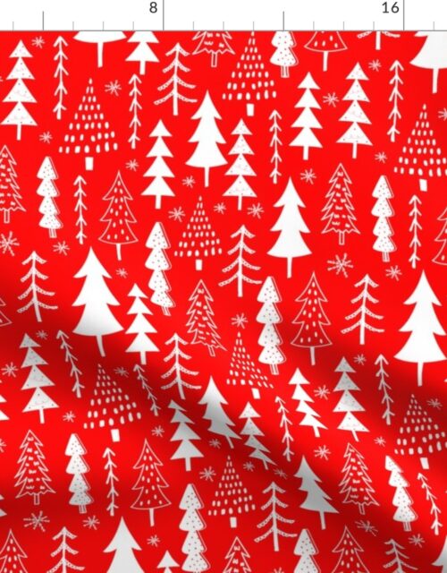 Festive Doodles of White Christmas Trees with Snow  on Christmas Velvet Red Fabric