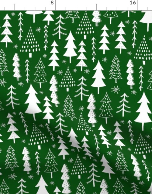 Festive Doodles of White Christmas Trees with Snow  on Forest Green Fabric