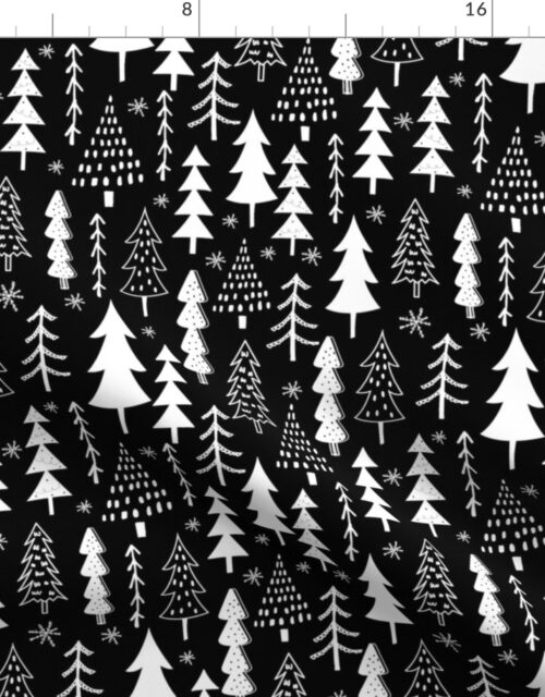Festive Doodles of White Christmas Trees with Snow  on Night Black Fabric