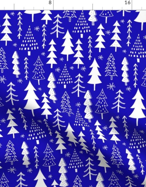 Festive Doodles of White Christmas Trees with Snow  on Royal Blue Fabric