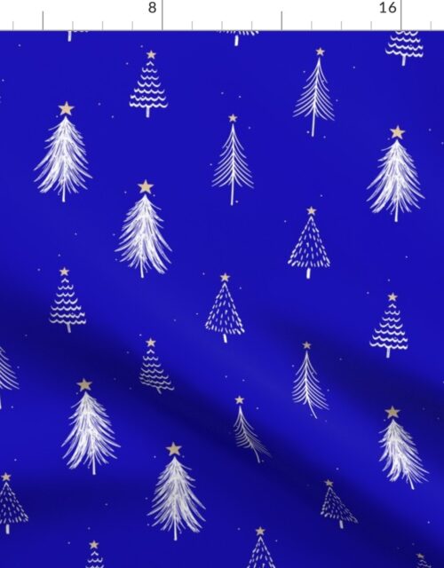 Festive Sketches of White Christmas Trees with Snow and Gold Stars on Royal Blue Fabric