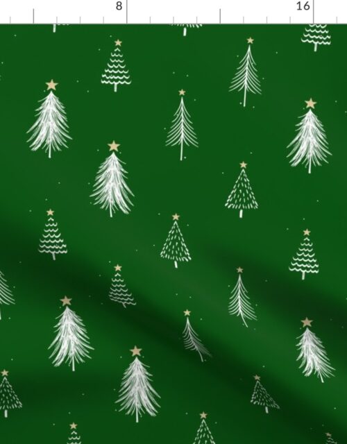 Festive Sketches of White Christmas Trees with Snow and Gold Stars on  Forest Green Fabric