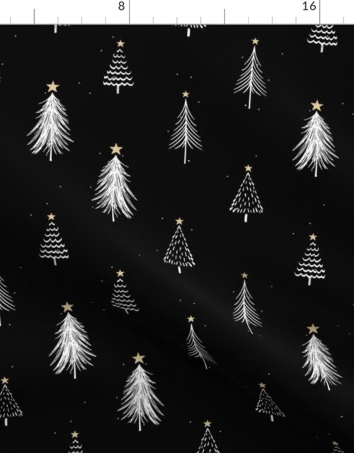 Festive Sketches of White Christmas Trees with Snow and Gold Stars on  Night Black Fabric