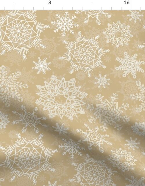Festive White Christmas Holiday Snowflakes on Antique Gold Fabric