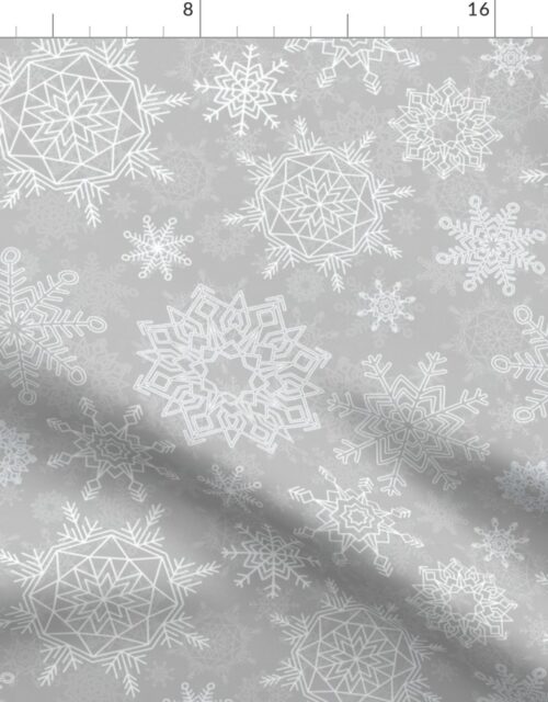 Festive White Christmas Holiday Snowflakes on Antique Silver Fabric