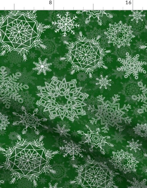 Festive White Christmas Holiday Snowflakes on Forest Green Fabric