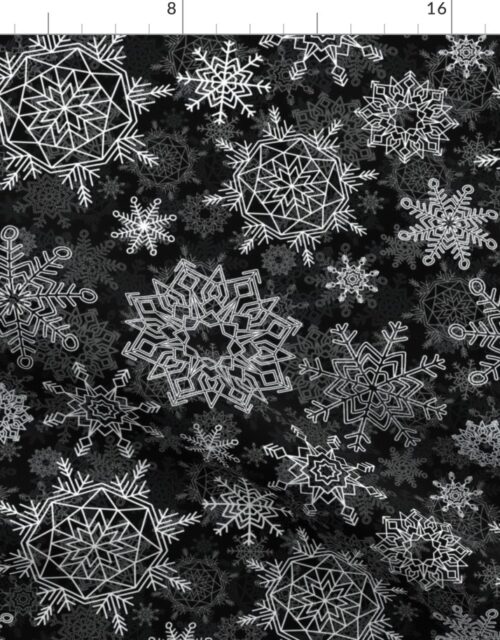 Festive White Christmas Holiday Snowflakes on Night Black Fabric