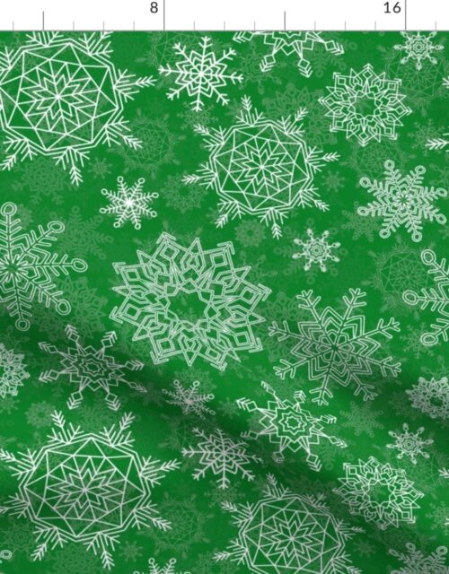 Festive White Christmas Holiday Snowflakes on Tree Green Fabric