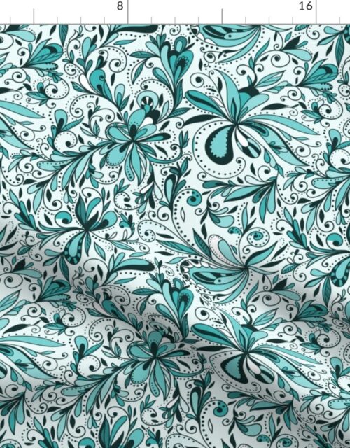 Floral Doodles Seamless Repeat Pattern in Aqua Blue Fabric