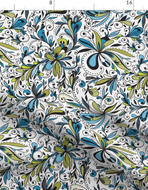 Floral Doodles Seamless Repeat Pattern in Blue and Green Fabric