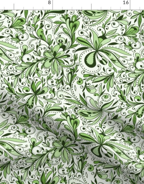 Floral Doodles Seamless Repeat Pattern in Leaf Green Fabric
