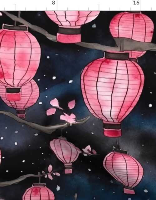 Glowing Chinese Paper Lanterns Watercolor Fabric