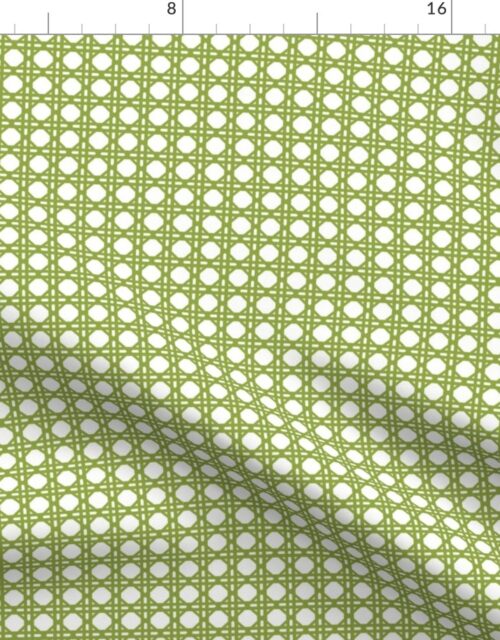 Grass Green  on White Rattan Caning Pattern Fabric