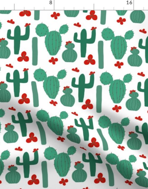 Green Cactus Shapes with Red Cactus Flowers Fabric
