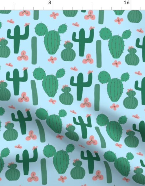 Green Cactus on Pale Blue with Pink Cactus Flowers Fabric