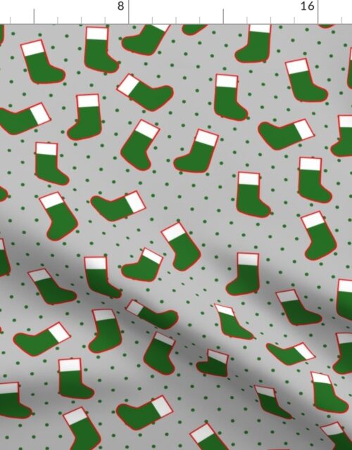 Green Christmas Stockings with Green  Dots on Silver Fabric