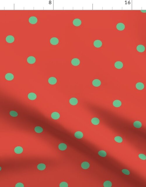 Green Polka Dots on Vintage Christmas Red Vermillion Fabric