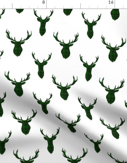 Green and Black Tartan Silhouetted Buck Deer Trophy Heads with Antler Racks Mounted on white Fabric