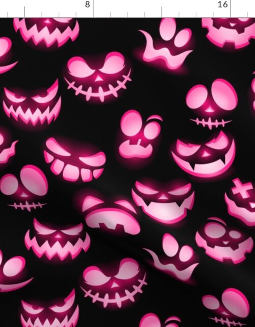 Grinning Halloween Jack o Lantern in Bright Pink on Black Fabric