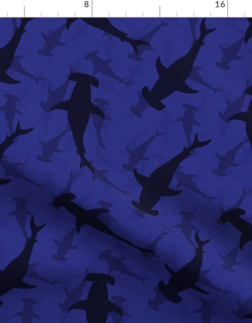 Hammerhead Sharks in Blue Silhouette Circling in Dark Blue Water Fabric
