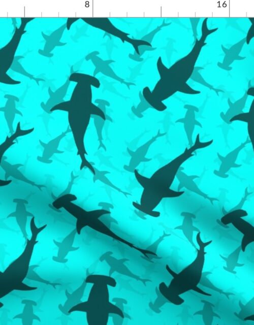 Hammerhead Sharks in Dark Silhouette Circling in Aqua Blue Water Fabric