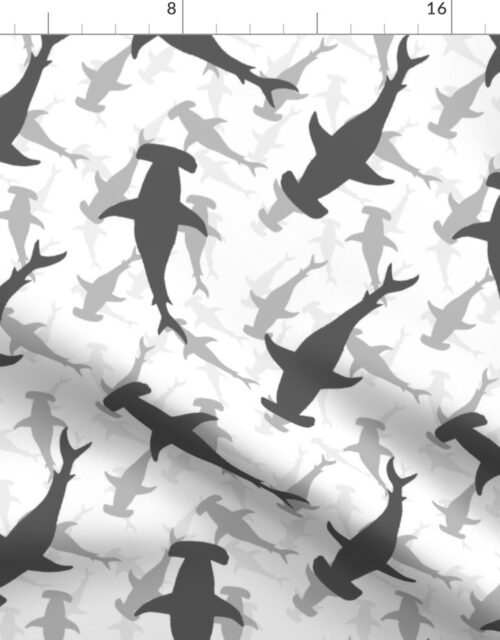 Hammerhead Sharks in Grey Silhouette Circling on White Fabric