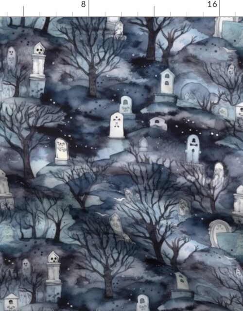 Haunted Cemetary and Blue Night Mist Moonlight with Ghosts Fabric