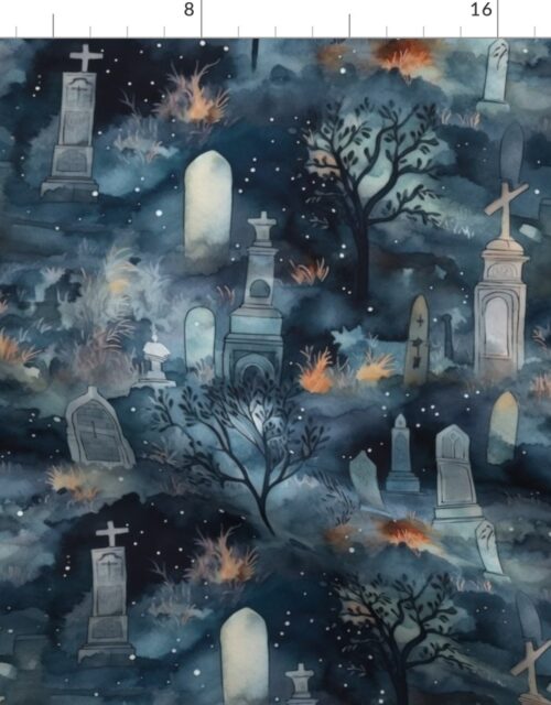 Haunted Cemetary and Night Mist Moonlight with Ghosts Fabric