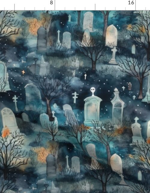 Haunted Graveyard and Night Mist Blue Moonlight with Ghosts Fabric