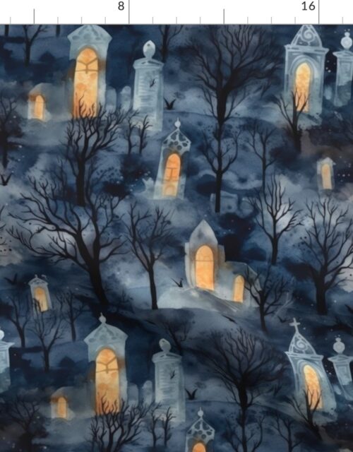 Haunted Graveyard and Night Mist Midnight Moonlight with Ghosts Fabric