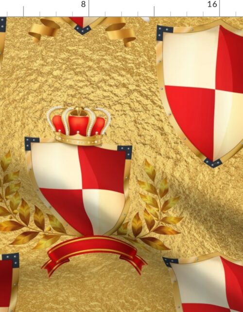 Heraldry Shield in Red and White on Faux Gold Foil Fabric